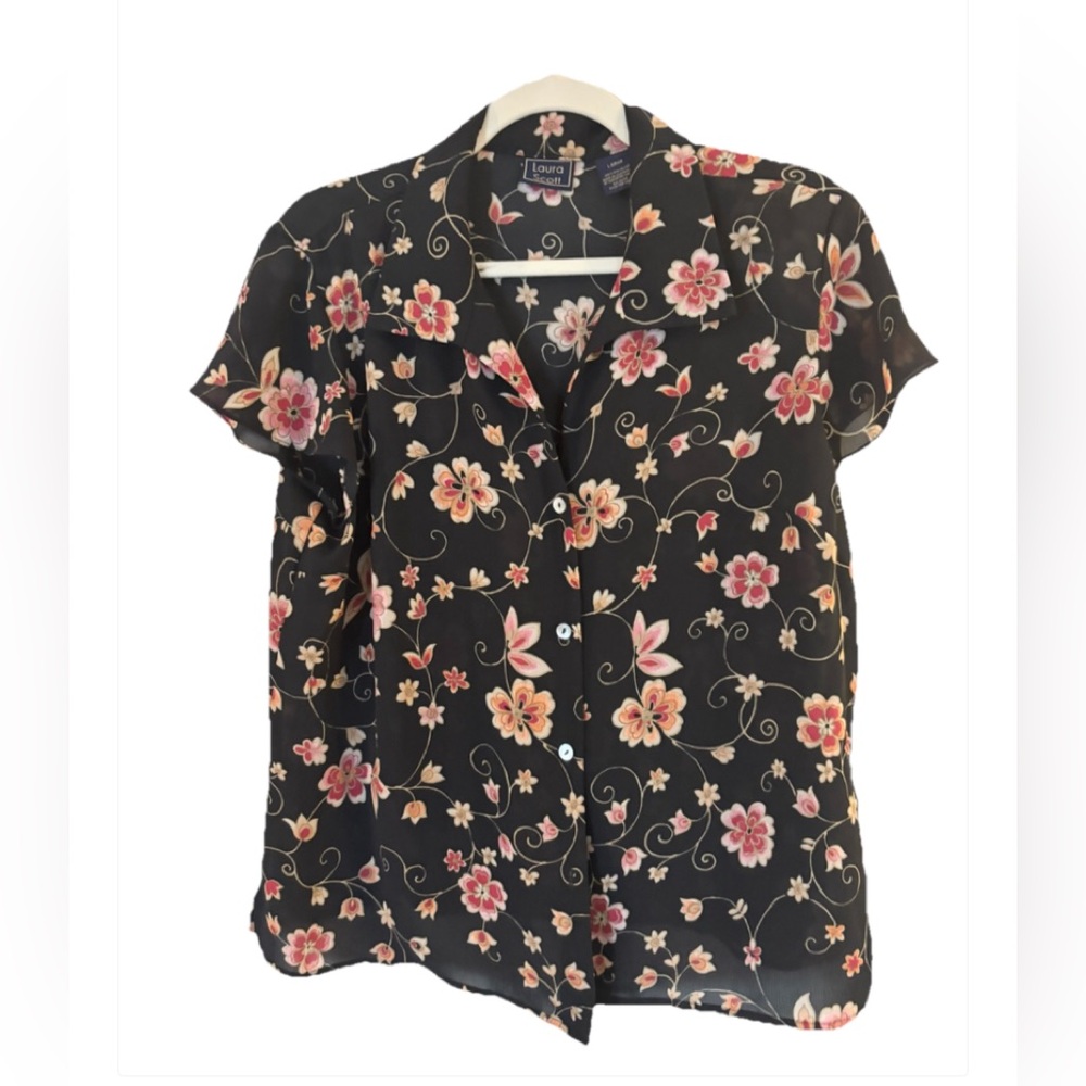 Laura Scott Vintage Y2K Floral Black Blouse LARGE